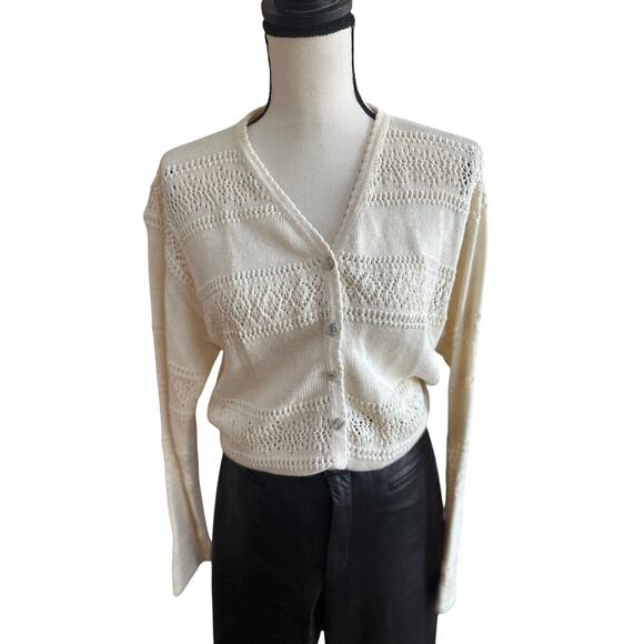 Vintage Sweaters - Vintage Cream Crochet Knit Cardigan Women’s Large Boho Open Weave Sweater
